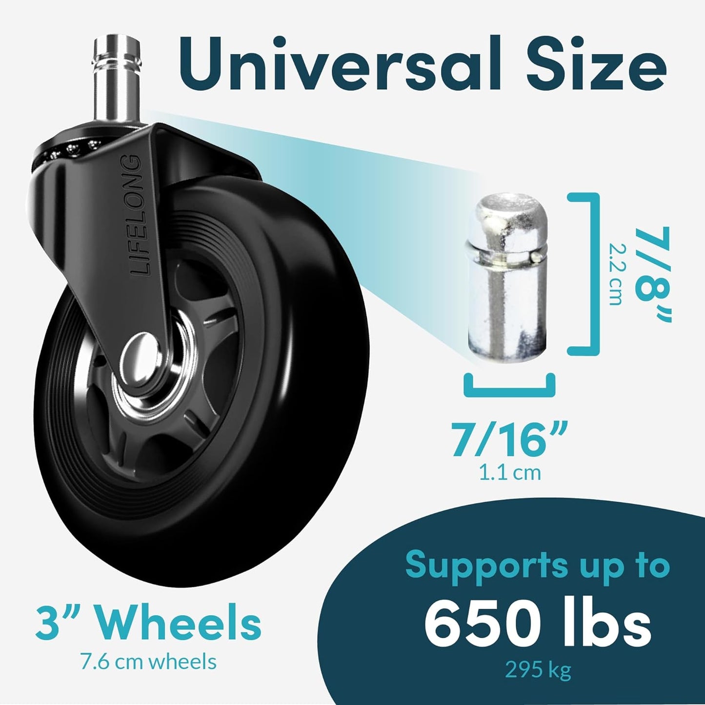Lifelong Office Chair Wheels Replacement Rubber Chair Casters for Hardwood Floors (Black)
