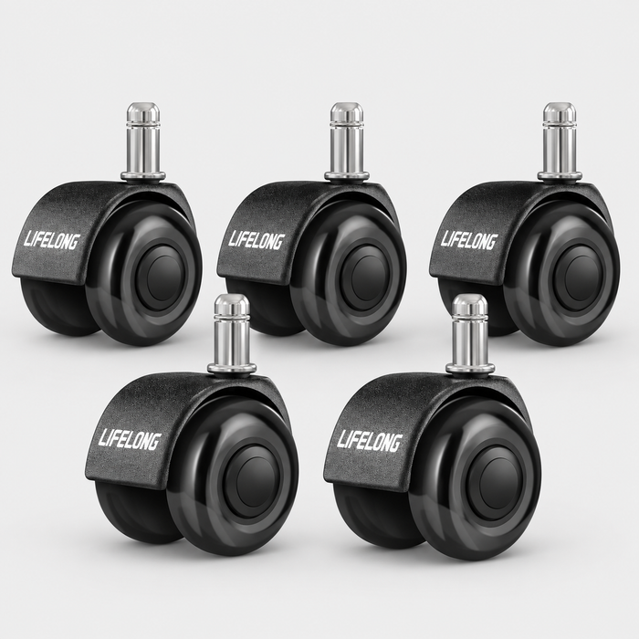 Lifelong Dual-Wheel Office Chair Casters, Set of 5, Black 2-Inch Heavy Duty Rubber Replacement for Hardwood Floors & Carpet, 700 lbs, Fits 98%