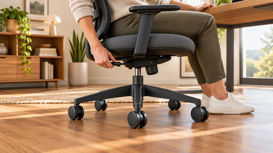Office chair rolling on heavy-duty casters across a hardwood floor in a modern home office