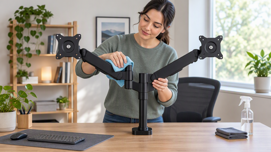 Cleaning a dual monitor arm mount with a microfiber cloth at a tidy home office desk