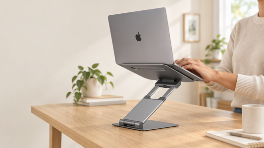 A space-grey aluminum laptop stand raises a laptop to eye level on a light oak standing desk while a person works comfortably with a separate keyboard.
