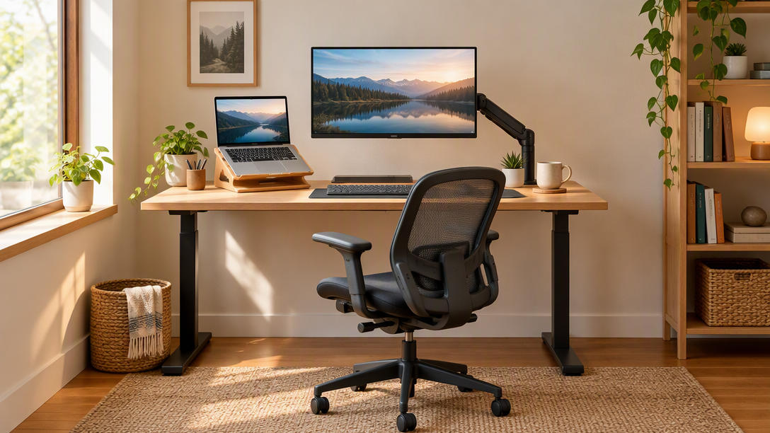 Small budget-friendly home office with a laptop stand, monitor arm, and ergonomic chair