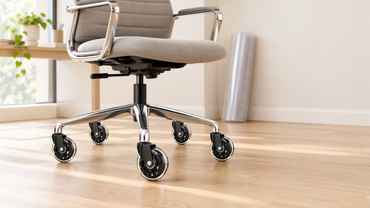 A rolling office chair fitted with clear heavy-duty casters sits on bare light oak hardwood flooring, with a rolled-up plastic chair mat leaning unused against the wall.