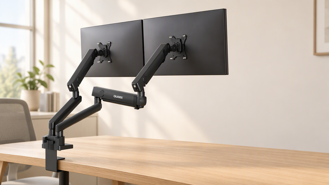 A matte black dual monitor arm mounted to a light oak desk holds two monitors at eye level with a completely clear desktop beneath them.