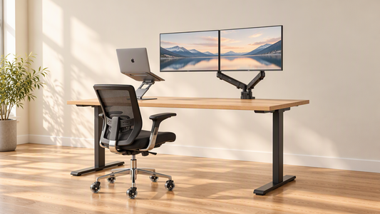 A full home-office desk setup with a chair on heavy-duty casters, a laptop stand holding a laptop at eye level, and a dual monitor arm holding two monitors above a clear desk.