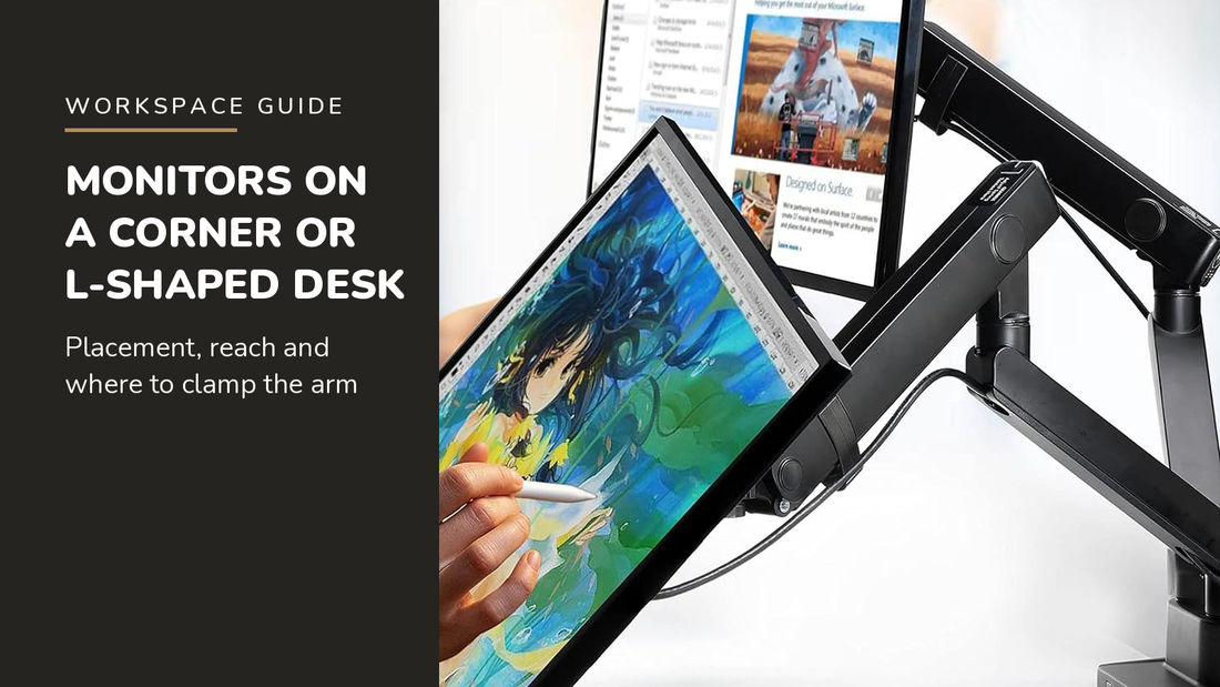Lifelong blog header — Monitors on a Corner or L-Shaped Desk — Lifelong Dual Monitor Arm Mount in Black