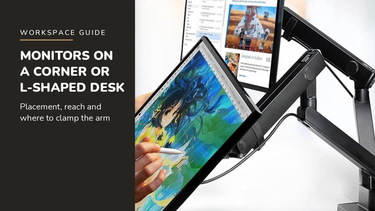 Lifelong blog header — Monitors on a Corner or L-Shaped Desk — Lifelong Dual Monitor Arm Mount in Black