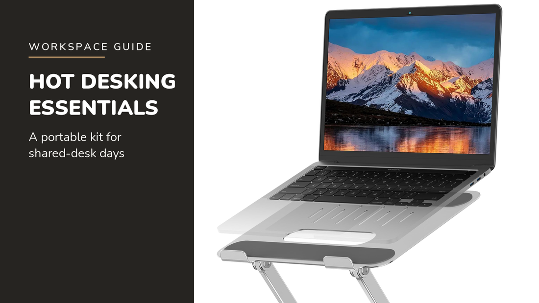 Lifelong blog header — Hot Desking Essentials — Lifelong 360° Rotating Laptop Stand in Silver