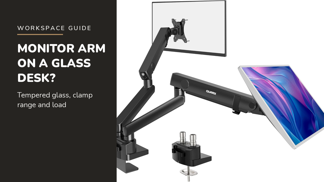 Lifelong blog header — Monitor Arm on a Glass Desk — QUARX Heavy-Duty Dual Monitor Stand in Black