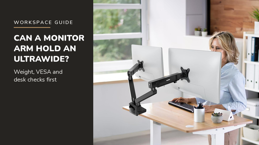 Lifelong blog header — Can a Monitor Arm Hold an Ultrawide — QUARX Heavy-Duty Dual Monitor Stand in Black