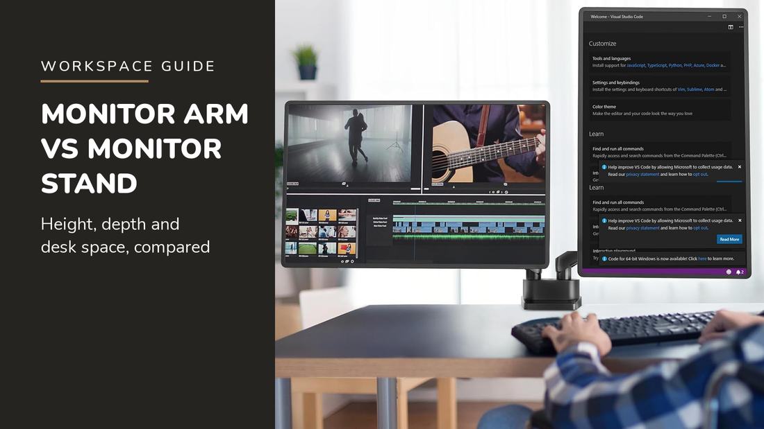 Lifelong blog header — Monitor Arm vs Monitor Stand — QUARX Heavy-Duty Dual Monitor Stand in Black