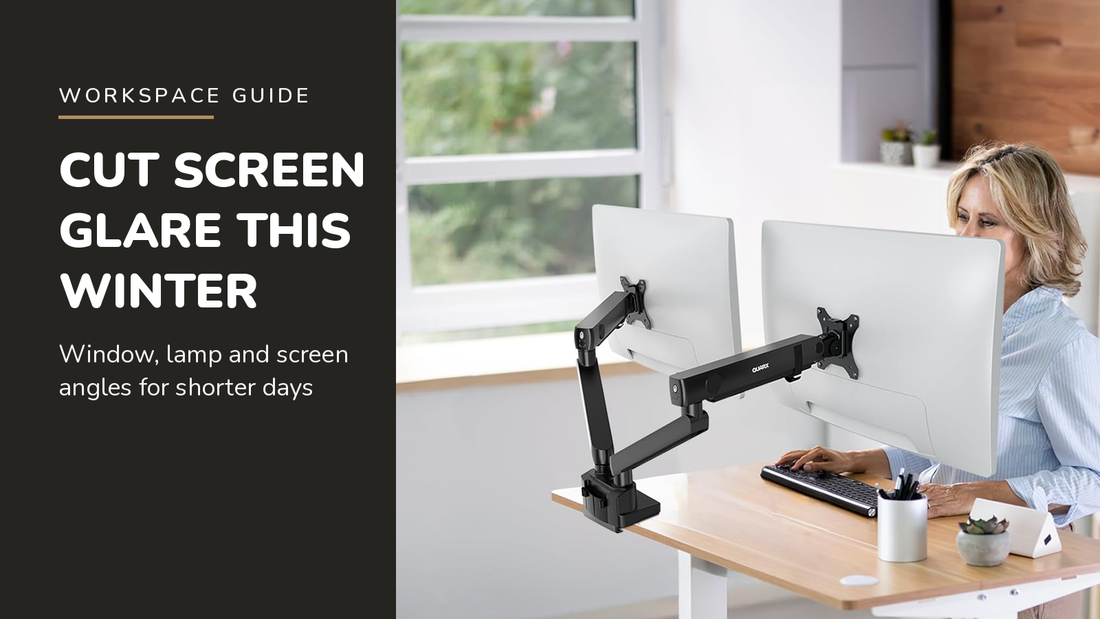 Lifelong blog header — Winter Screen Glare — QUARX Heavy-Duty Dual Monitor Stand in Black