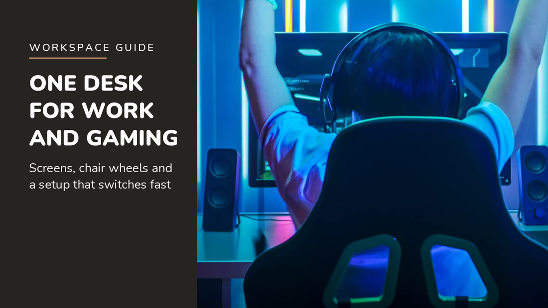 Lifelong blog header — One Desk for Work and Gaming — gaming desk setup with RGB-lit gaming chair in Blue