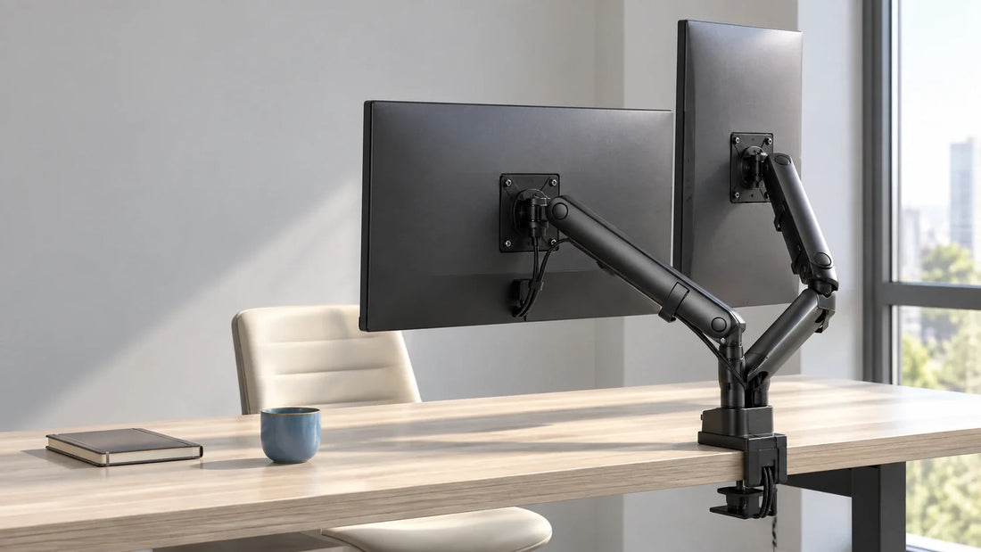 Dual monitor arm setup in a bright home office workspace with two screens positioned side by side