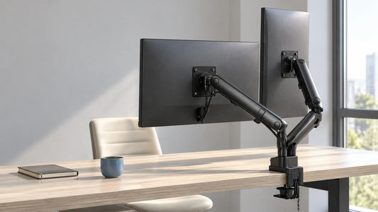 Dual monitor arm setup in a bright home office workspace with two screens positioned side by side