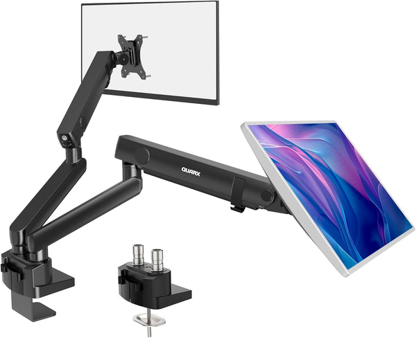 QUARX dual monitor stand with clamp and grommet mounting options