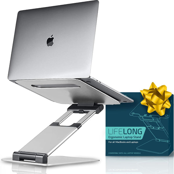 Silver Lifelong sit-to-stand laptop stand with laptop and retail box