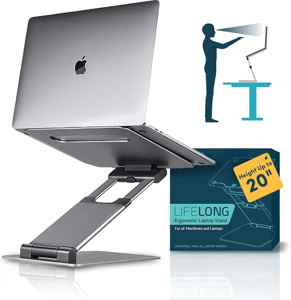 Lifelong UPRYZE grey laptop stand with laptop and retail box
