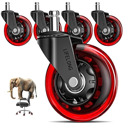 Set of five red Lifelong office chair wheels with heavy-duty caster detail