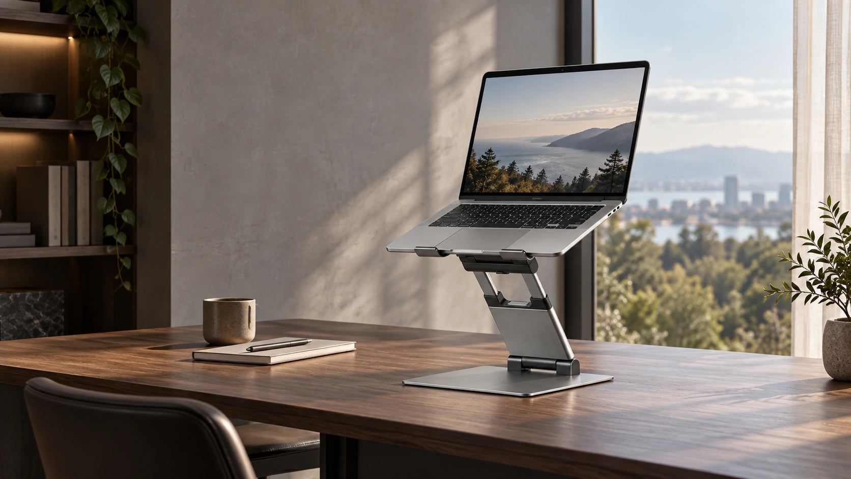 Grey UPRYZE on a smoked oak desk in natural window light