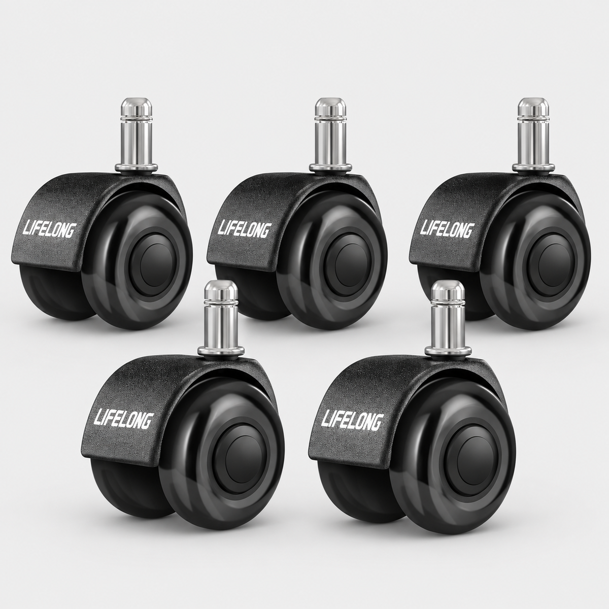 Lifelong Dual-Wheel Office Chair Casters, Set of 5, Black 2-Inch Heavy Duty Rubber Replacement for Hardwood Floors & Carpet, 700 lbs, Fits 98%