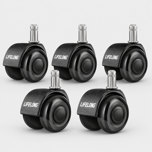 Lifelong Dual-Wheel Office Chair Casters, Set of 5, Black 2-Inch Heavy Duty Rubber Replacement for Hardwood Floors & Carpet, 700 lbs, Fits 98%