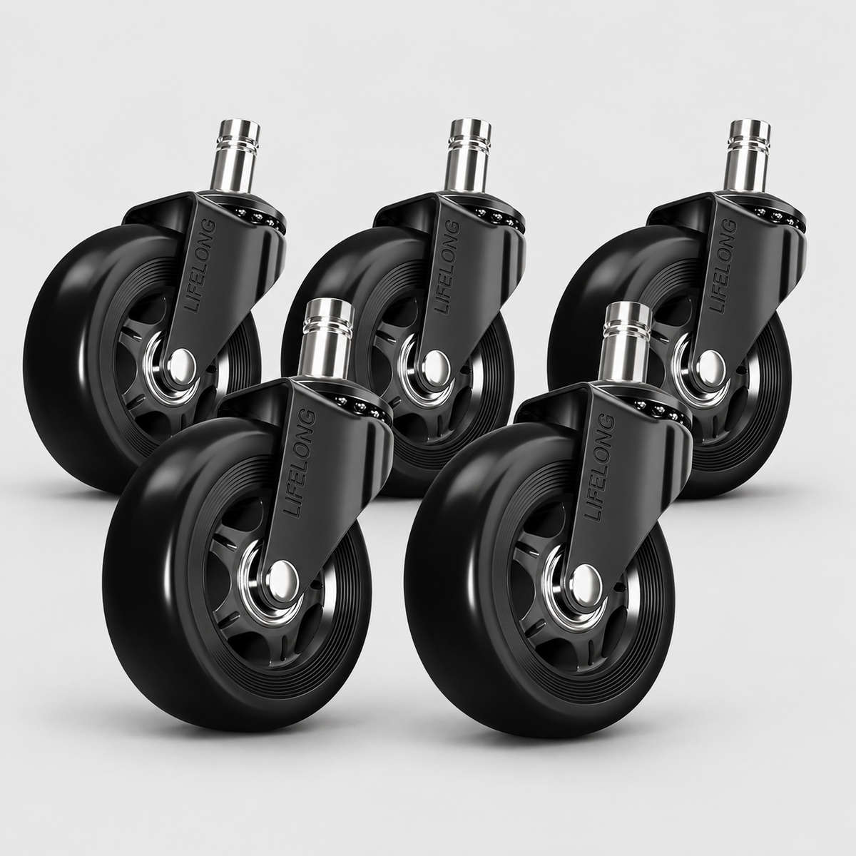 Lifelong Office Chair Wheels Replacement, Set of 5, Black Universal Heavy Duty Rubber Casters for Hardwood Floors & Carpet, Fits 98%