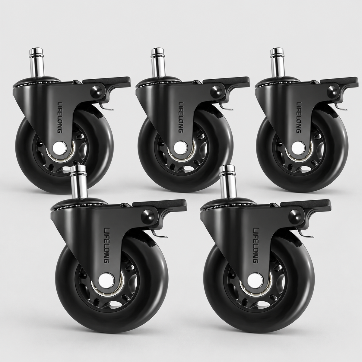 Lifelong Office Chair Wheels with Brakes, Set of 5, Black Heavy Duty Rubber Casters for Hardwood Floors & Carpet, Fits 98%