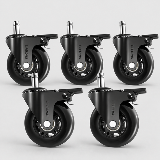 Lifelong Office Chair Wheels with Brakes, Set of 5, Black Heavy Duty Rubber Casters for Hardwood Floors & Carpet, Fits 98%
