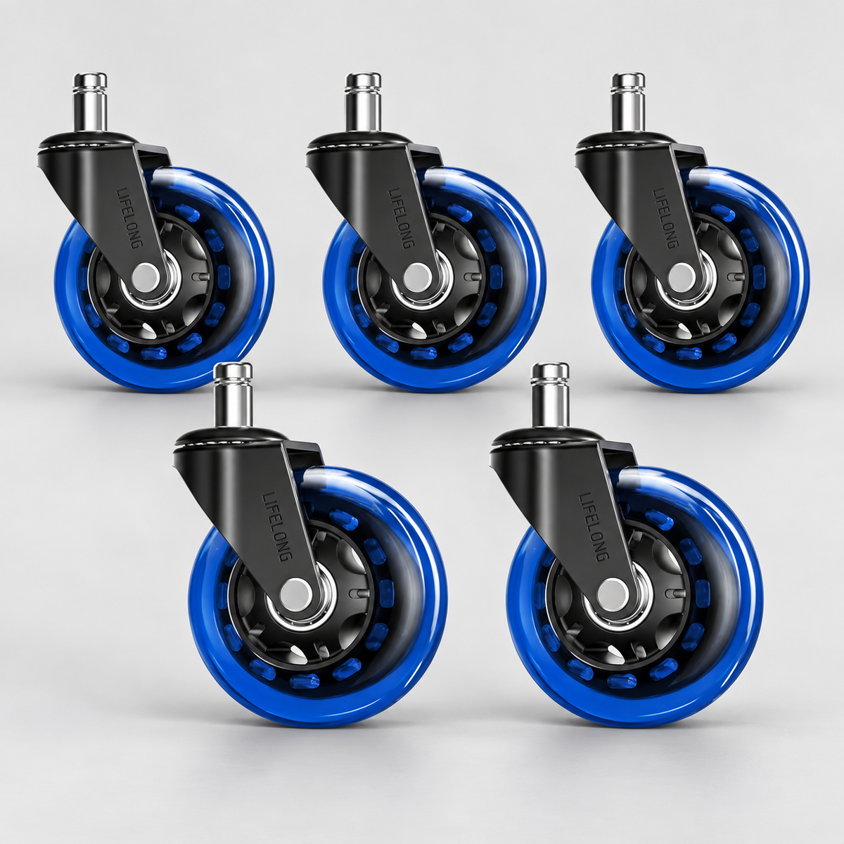 Lifelong Original Office Chair Wheels, Set of 5, Blue Heavy Duty Rubber Casters for Hardwood Floors & Carpet, Fits 98%