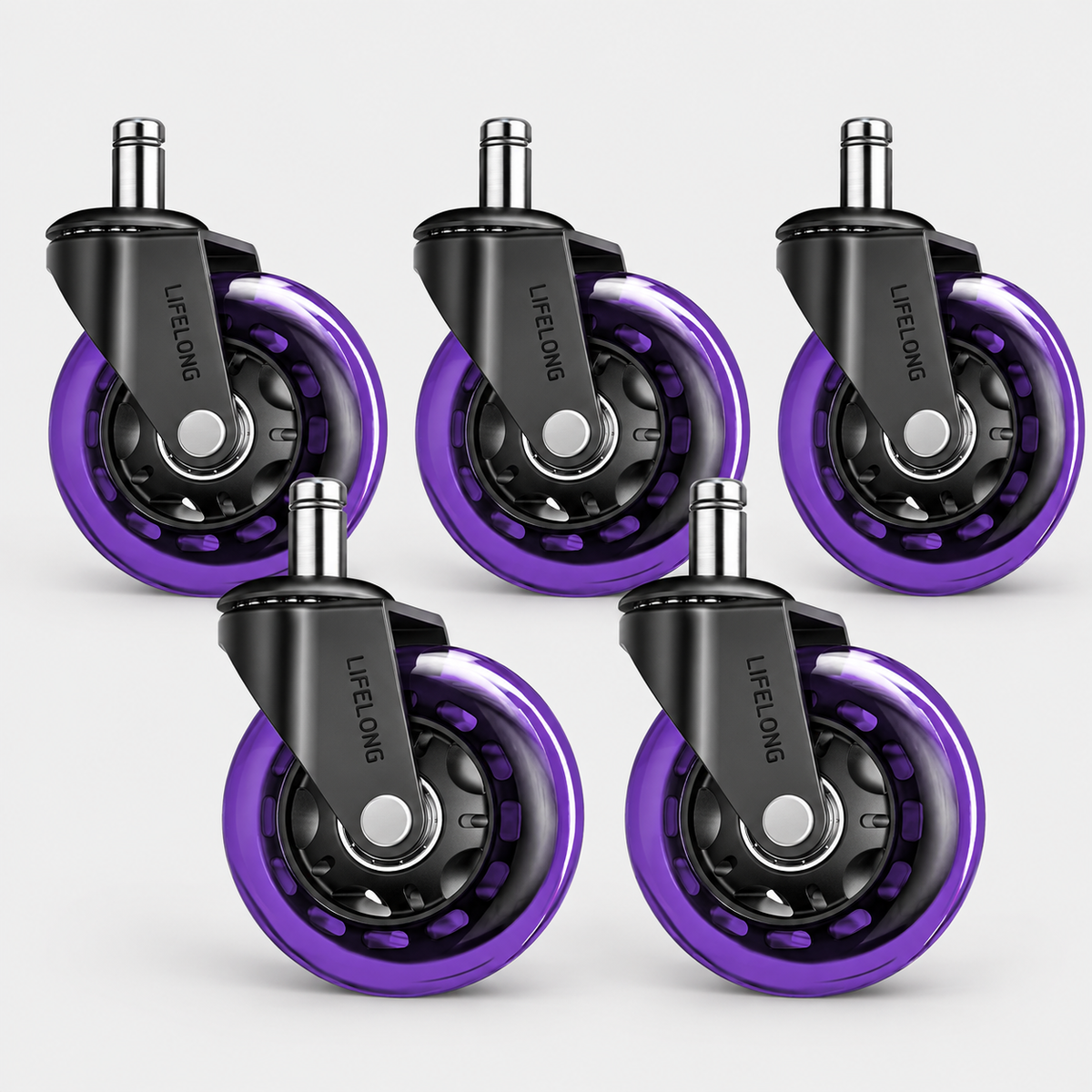 Lifelong Original Office Chair Wheels, Set of 5, Purple Heavy Duty Rubber Casters for Hardwood Floors & Carpet, Fits 98%