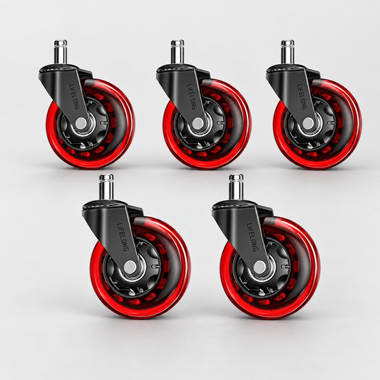 Lifelong Original Office Chair Wheels, Set of 5, Red Heavy Duty Rubber Casters for Hardwood Floors & Carpet, Fits 98%