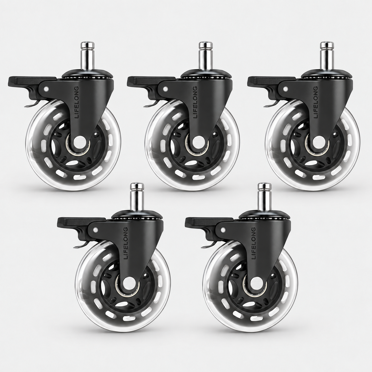 Lifelong Office Chair Wheels with Brakes, Set of 5, Clear Heavy Duty Rubber Casters for Hardwood Floors & Carpet, Fits 98%