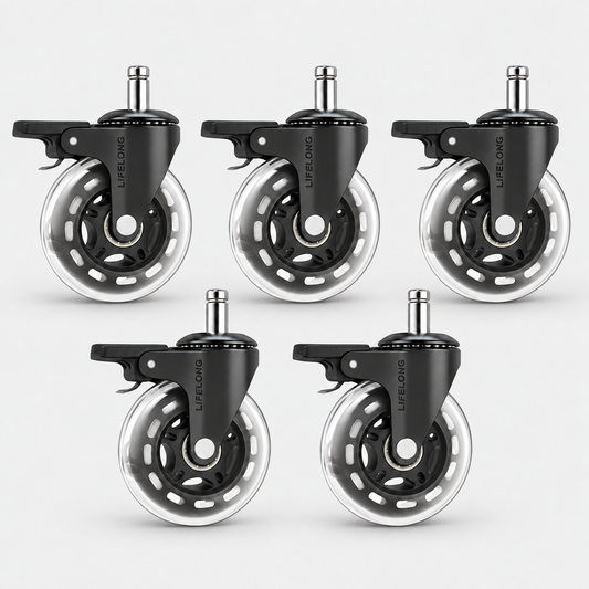 Lifelong Office Chair Wheels with Brakes, Set of 5, Clear Heavy Duty Rubber Casters for Hardwood Floors & Carpet, Fits 98%