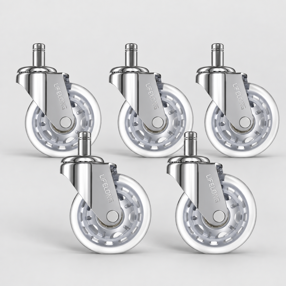 Lifelong Office Chair Wheels Replacement, Set of 5, Silver 3-Inch Heavy Duty Rubber Casters for Hardwood Floors & Carpet, Fits 98%