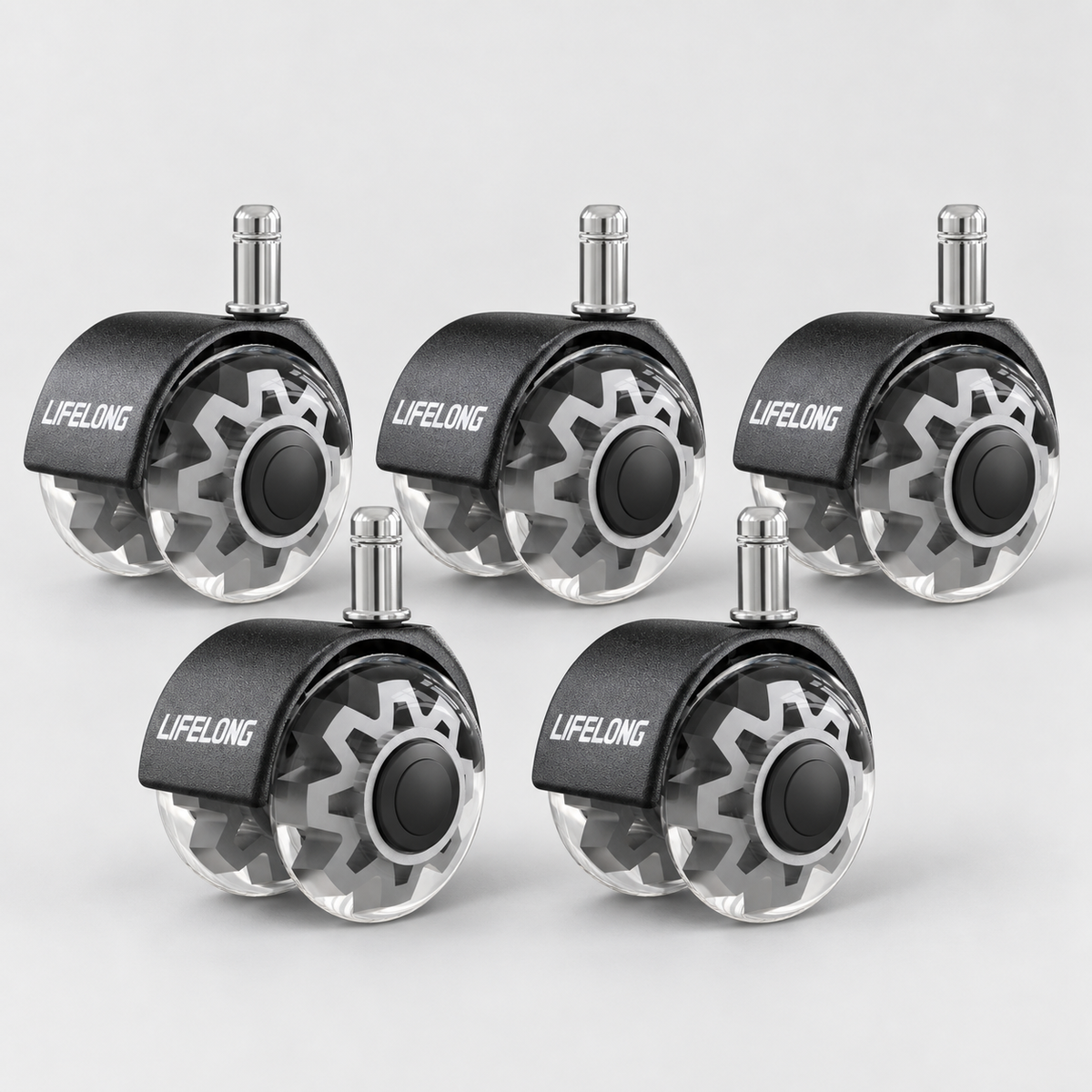 Lifelong Office Chair Wheels Replacement, Set of 5, Grey 2-Inch Heavy Duty Rubber Casters for Hardwood Floors & Carpet, 700 lbs, Fits 98%