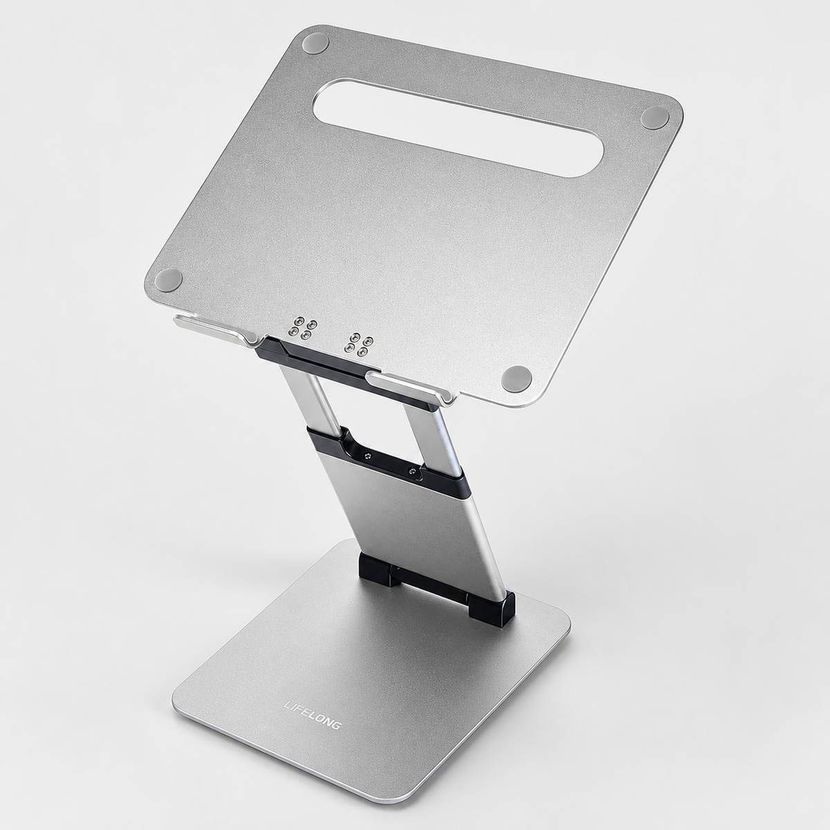 Lifelong Ergonomic Laptop Stand with Sit-to-Stand Height Adjustment, Aluminum, 2.1–20”, Fits 11–17” Laptops & MacBooks — Silver