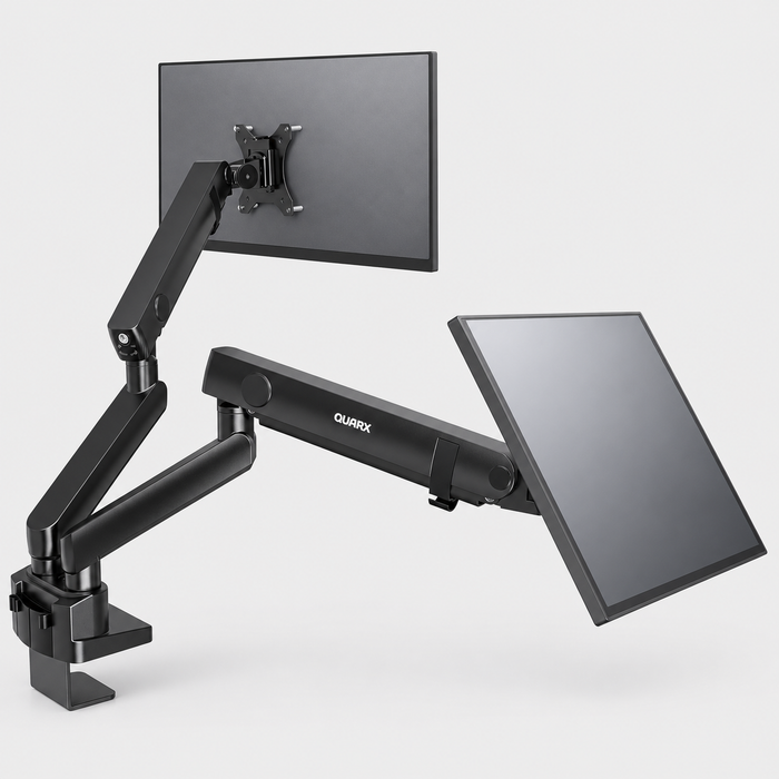 QUARX Heavy-Duty Dual Monitor Stand for 17–35” Ultrawide Screens, Full-Motion Arms, Up to 26.4 lbs per Screen, VESA Mount — Black